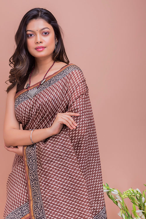 TICH Classic Elegance. Bagru Block Printed Chanderi Saree - Brown Buds