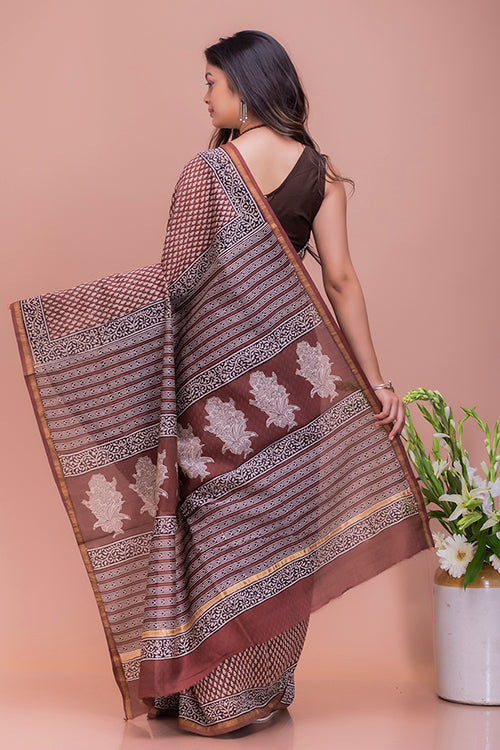 TICH Classic Elegance. Bagru Block Printed Chanderi Saree - Brown Buds