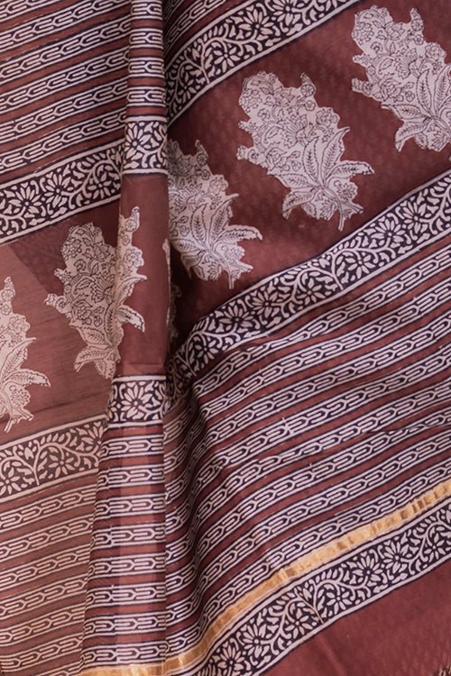 TICH Classic Elegance. Bagru Block Printed Chanderi Saree - Brown Buds