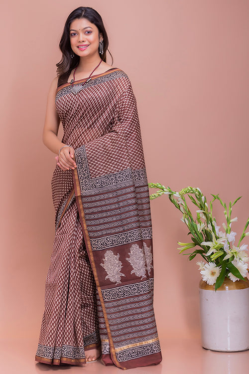 Bagru & Dabu Block Printed Brown Buds Kota Doria Chanderi Saree Online