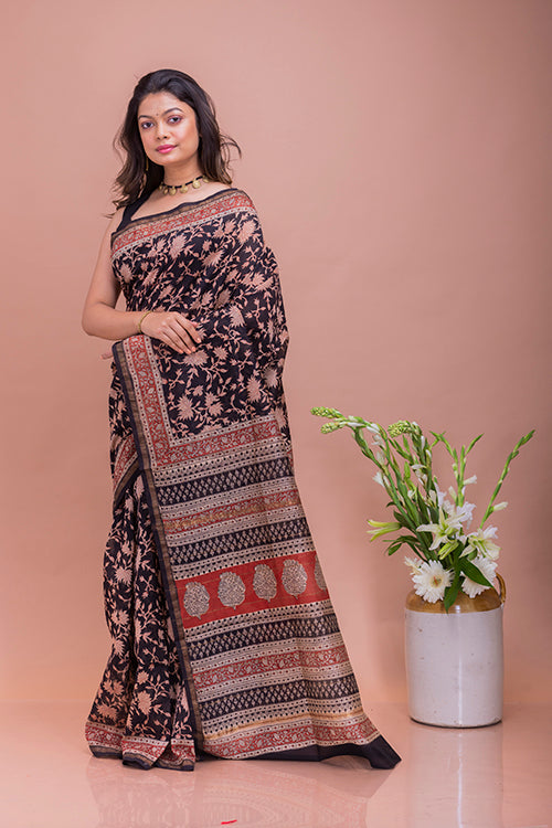 Bagru & Dabu Block Printed Black Leaves Kota Doria Chanderi Saree Online