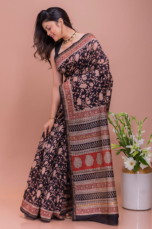 TICH Classic Elegance. Bagru Block Printed Chanderi Saree - Black Leaves