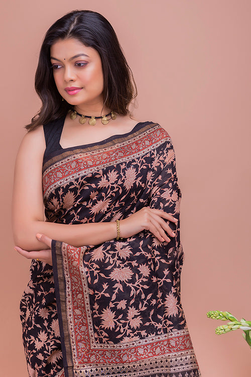 TICH Classic Elegance. Bagru Block Printed Chanderi Saree - Black Leaves