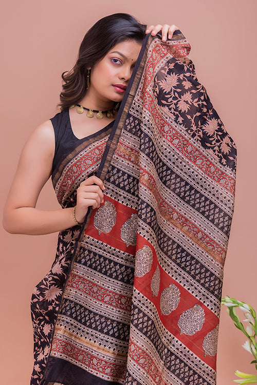 TICH Classic Elegance. Bagru Block Printed Chanderi Saree - Black Leaves