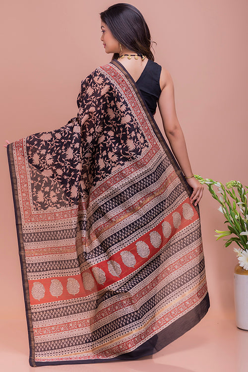 TICH Classic Elegance. Bagru Block Printed Chanderi Saree - Black Leaves