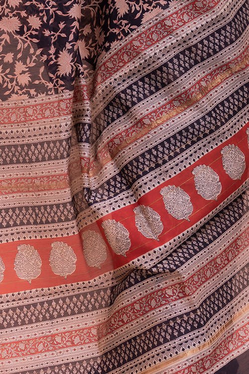 TICH Classic Elegance. Bagru Block Printed Chanderi Saree - Black Leaves