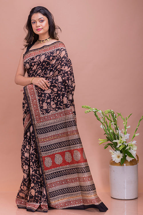 Bagru & Dabu Block Printed Black Leaves Kota Doria Chanderi Saree Online