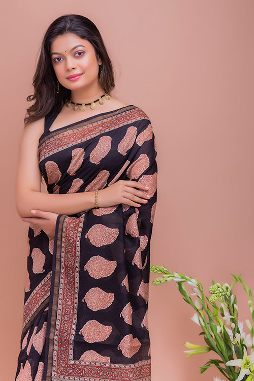TICH Classic Elegance. Bagru Block Printed Chanderi Saree - Black Motifs
