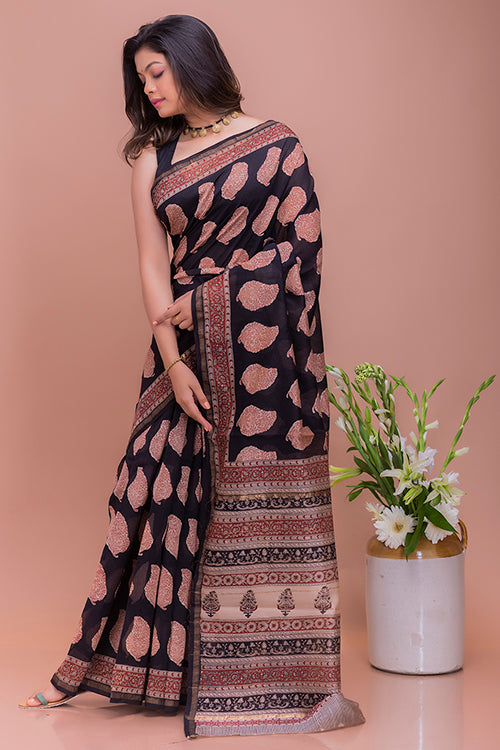 TICH Classic Elegance. Bagru Block Printed Chanderi Saree - Black Motifs