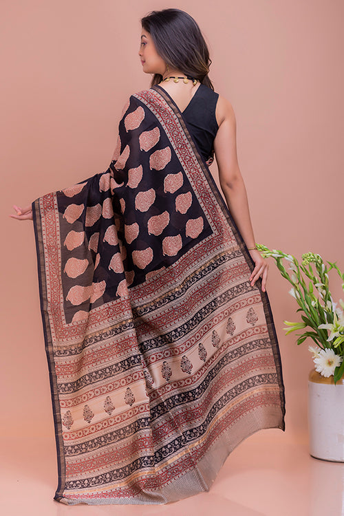 TICH Classic Elegance. Bagru Block Printed Chanderi Saree - Black Motifs