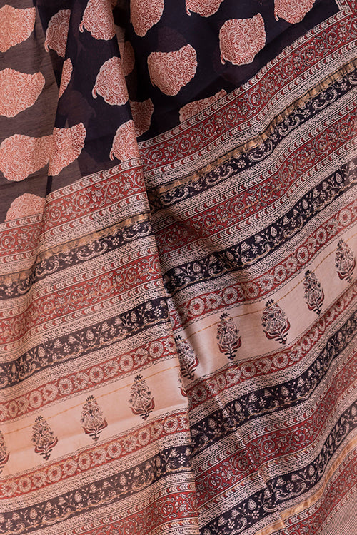 Bagru & Dabu Block Printed Black Motifs Kota Doria Chanderi Saree Online