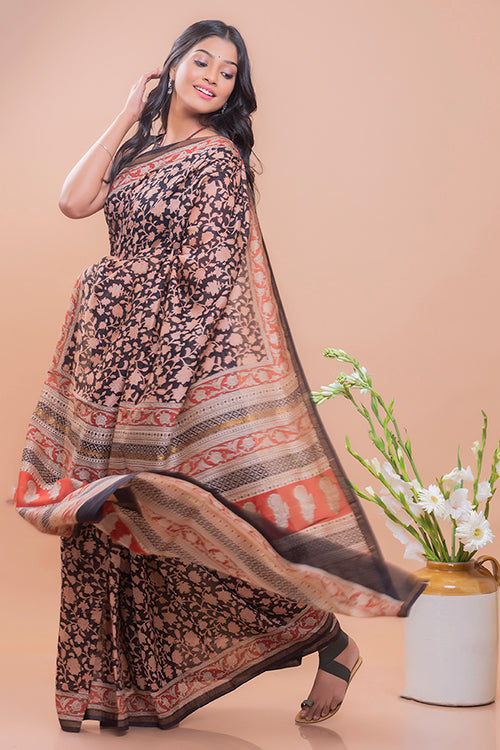 TICH Classic Elegance. Bagru Block Printed Chanderi Saree - Black Floral