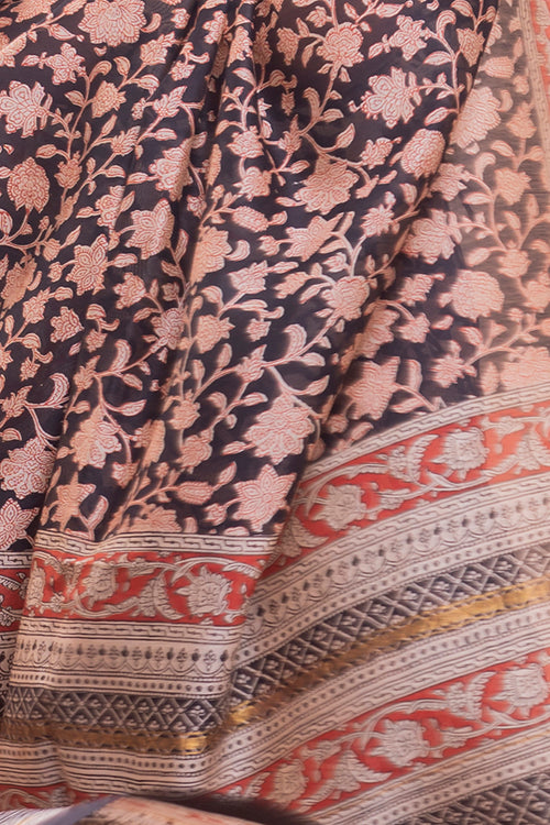 TICH Classic Elegance. Bagru Block Printed Chanderi Saree - Black Floral
