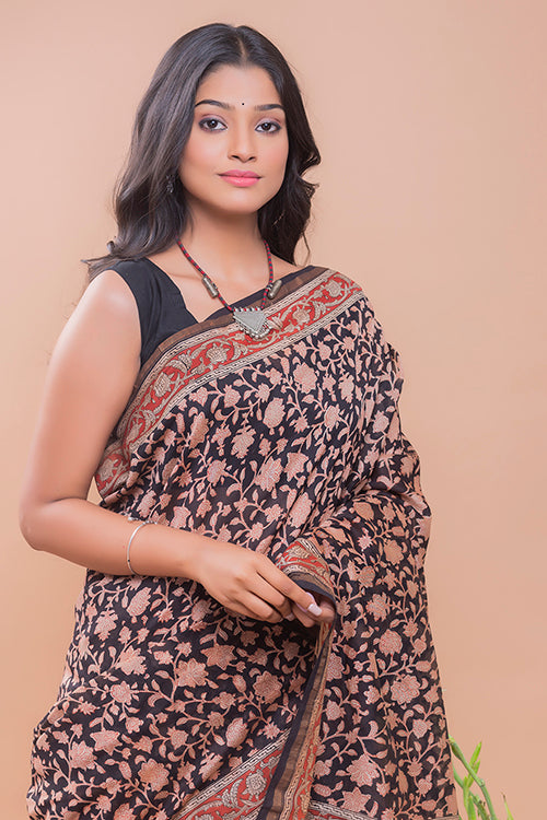 TICH Classic Elegance. Bagru Block Printed Chanderi Saree - Black Floral