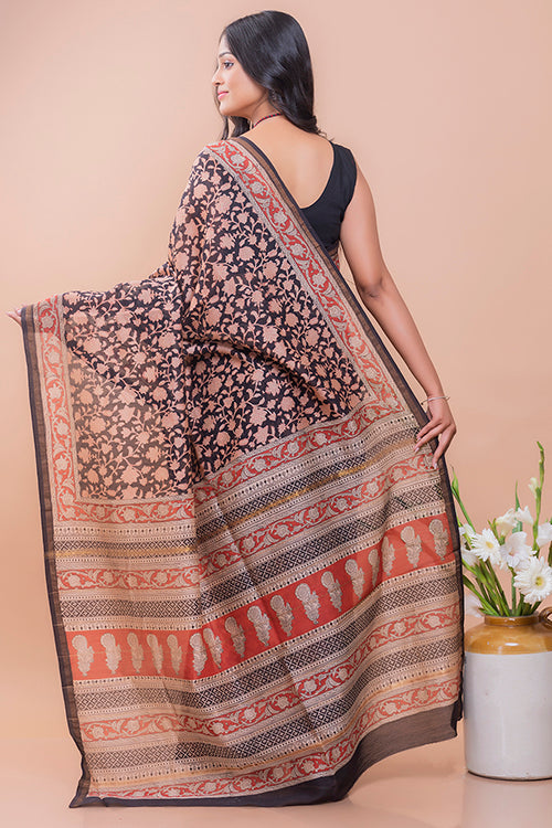 TICH Classic Elegance. Bagru Block Printed Chanderi Saree - Black Floral