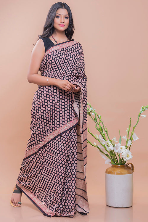 Black Rose Bagru Block Printed Mulmul Cotton Saree Online