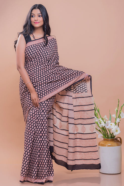 Black Rose Bagru Block Printed Mulmul Cotton Saree Online