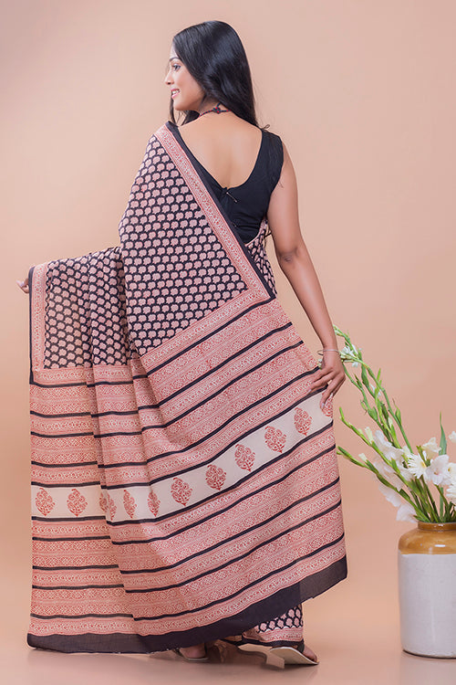 TICH Summer Classics. Bagru Block Printed Mulmul Cotton Saree - Black Rose