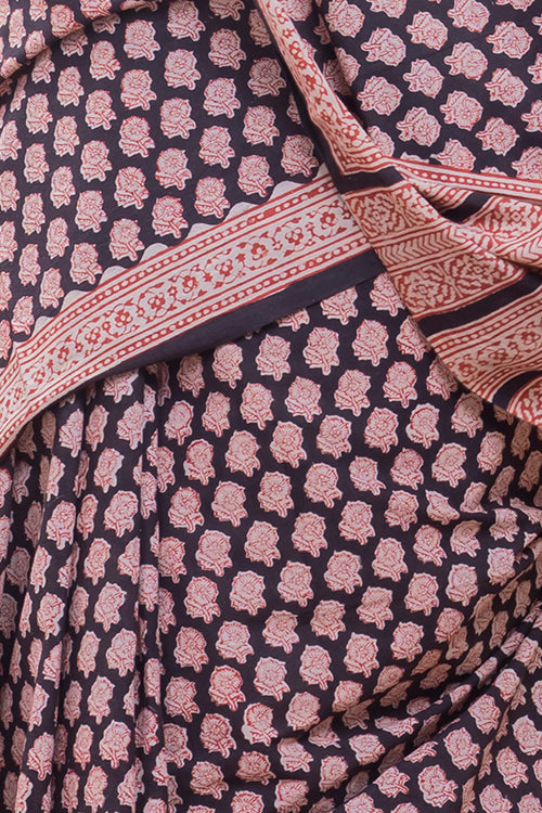 TICH Summer Classics. Bagru Block Printed Mulmul Cotton Saree - Black Rose