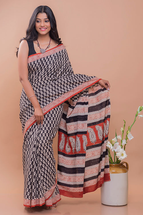 TICH Summer Classics. Bagru Block Printed Mulmul Cotton Saree - Geometric Leaf Motif