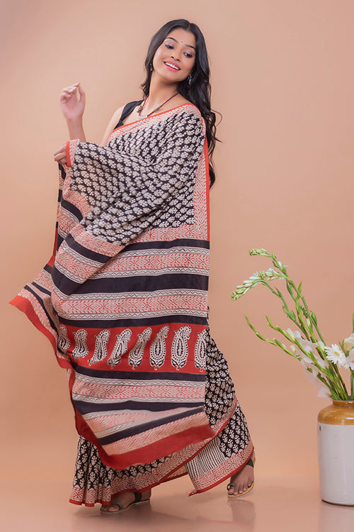Geometric Leaf Motif Bagru Block Printed Mulmul Cotton Saree Online