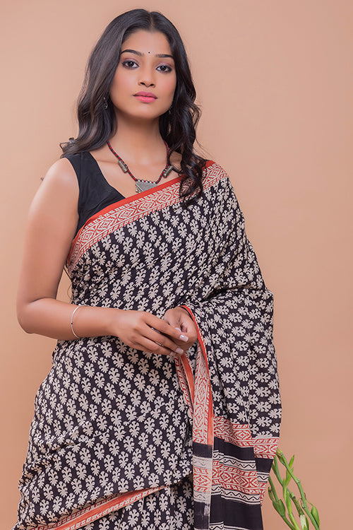 TICH Summer Classics. Bagru Block Printed Mulmul Cotton Saree - Geometric Leaf Motif