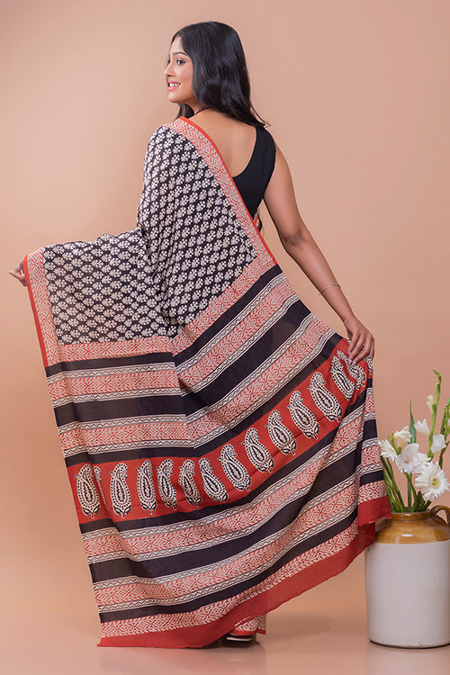 Geometric Leaf Motif Bagru Block Printed Mulmul Cotton Saree Online