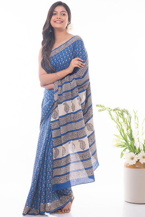 Blue Flora Bagru Block Printed Mulmul Cotton Saree Online