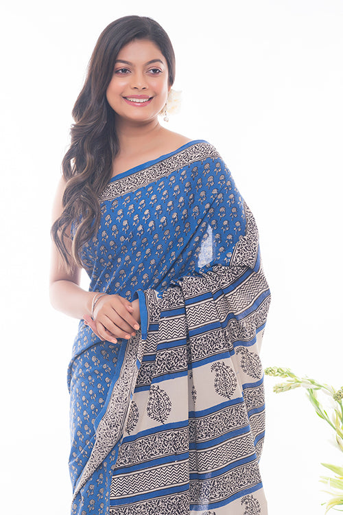 TICH Summer Classics. Bagru Block Printed Mulmul Cotton Saree - Blue Flora