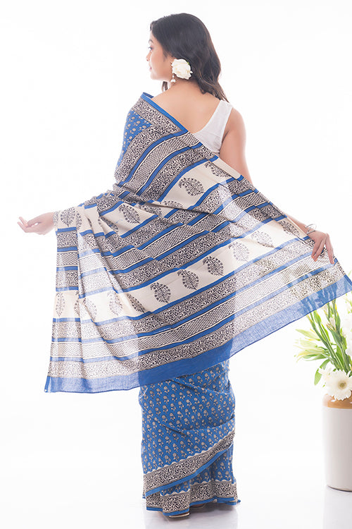 TICH Summer Classics. Bagru Block Printed Mulmul Cotton Saree - Blue Flora