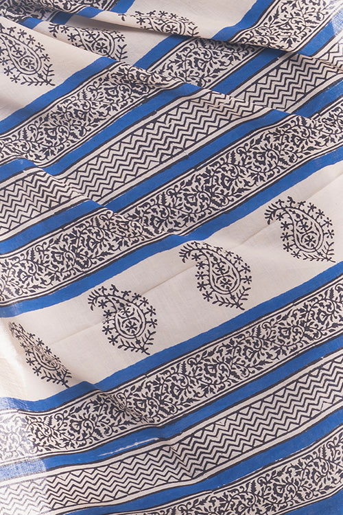 TICH Summer Classics. Bagru Block Printed Mulmul Cotton Saree - Blue Flora