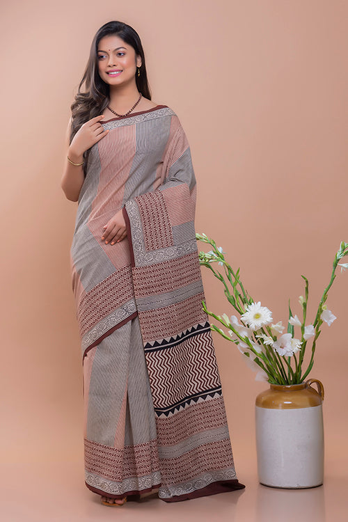 Brown Zigzag Bagru Block Printed Mulmul Cotton Saree Online