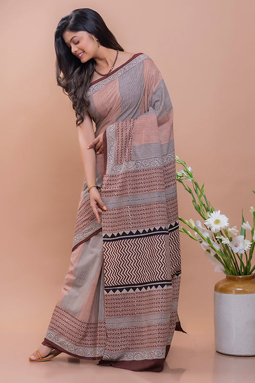 TICH Summer Classics. Bagru Block Printed Mulmul Cotton Saree - Brown Zigzag