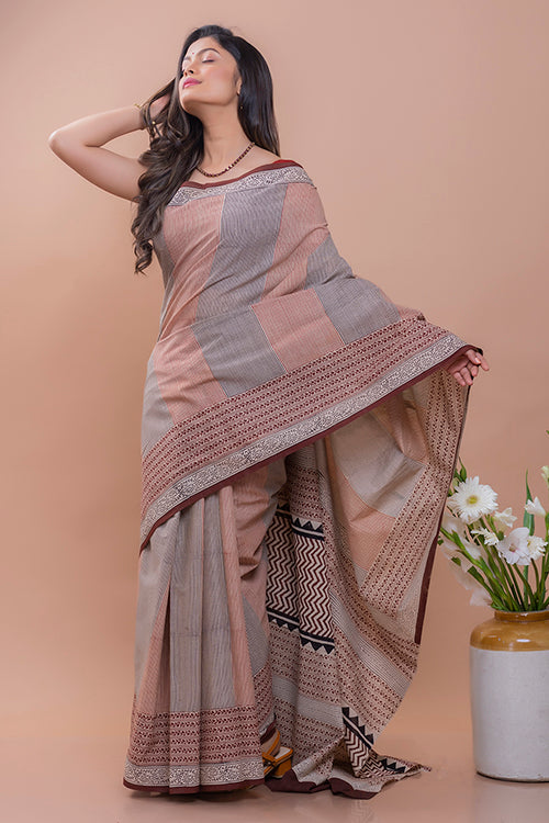 TICH Summer Classics. Bagru Block Printed Mulmul Cotton Saree - Brown Zigzag