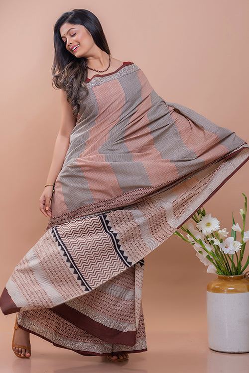 TICH Summer Classics. Bagru Block Printed Mulmul Cotton Saree - Brown Zigzag