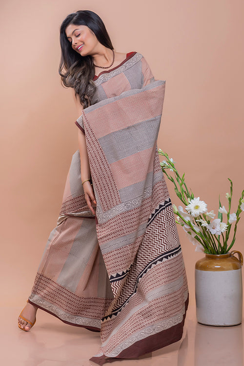 TICH Summer Classics. Bagru Block Printed Mulmul Cotton Saree - Brown Zigzag