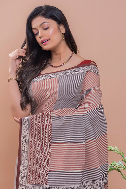 TICH Summer Classics. Bagru Block Printed Mulmul Cotton Saree - Brown Zigzag