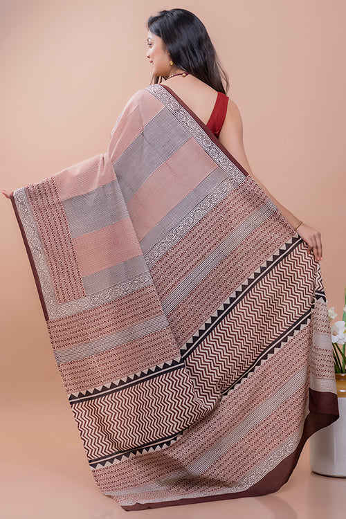 TICH Summer Classics. Bagru Block Printed Mulmul Cotton Saree - Brown Zigzag