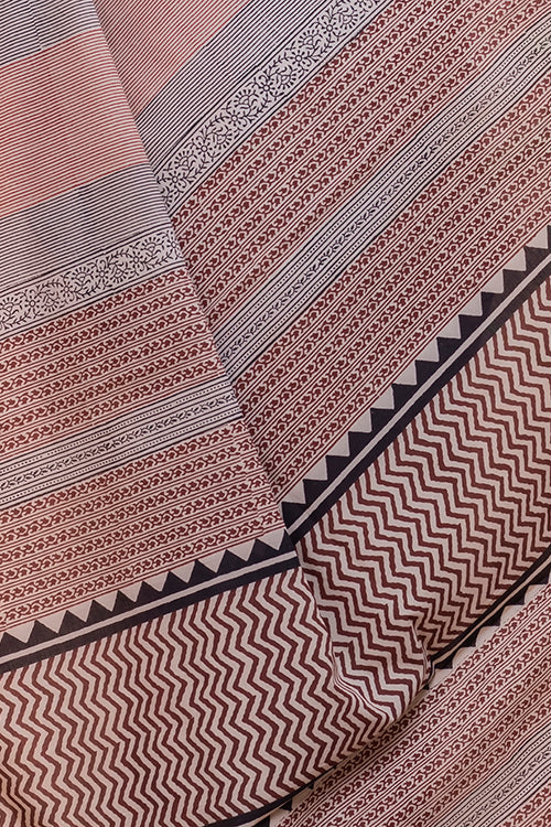 Brown Zigzag Bagru Block Printed Mulmul Cotton Saree Online