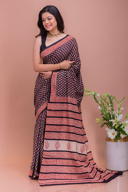 TICH Summer Classics. Bagru Block Printed Mulmul Cotton Saree - Black & Red Florets
