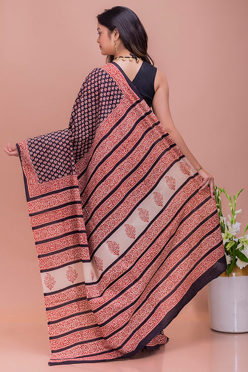 TICH Summer Classics. Bagru Block Printed Mulmul Cotton Saree - Black & Red Florets