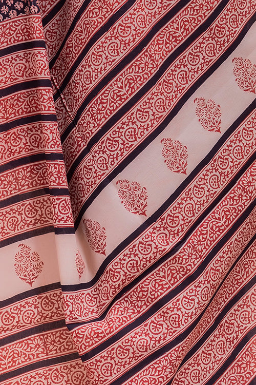 Black & Red Florets Bagru Block Printed Mulmul Cotton Saree Online