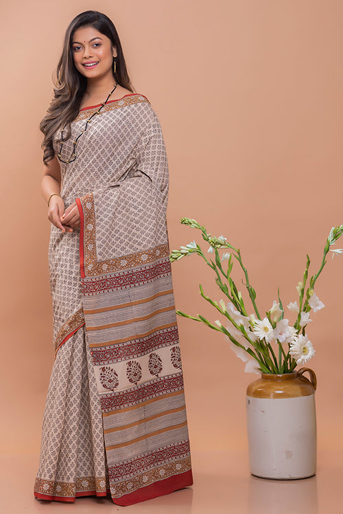 Beige & Black Florets Bagru Block Printed Mulmul Cotton Saree Online