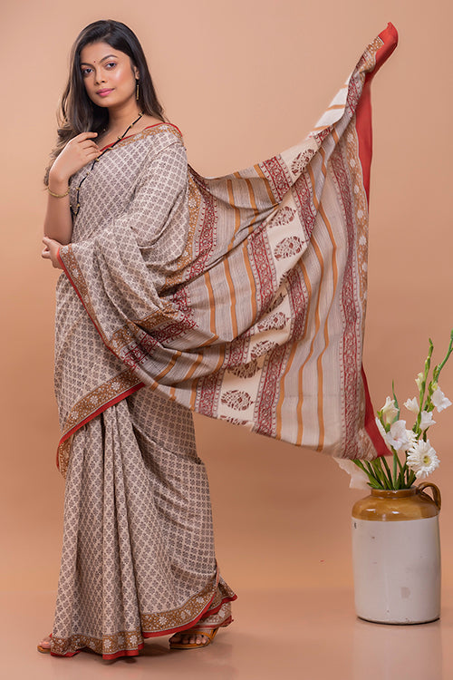 Beige & Black Florets Bagru Block Printed Mulmul Cotton Saree Online