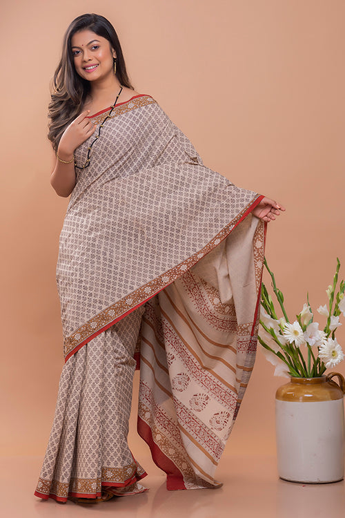 TICH Summer Classics. Bagru Block Printed Mulmul Cotton Saree - Beige & Black Florets