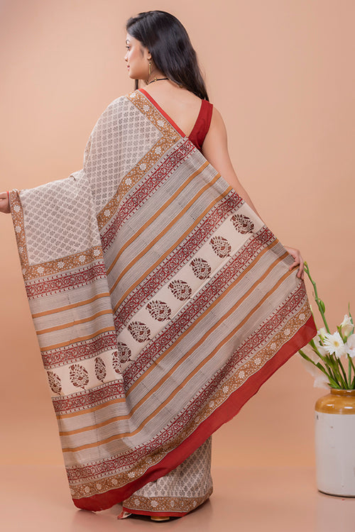 TICH Summer Classics. Bagru Block Printed Mulmul Cotton Saree - Beige & Black Florets