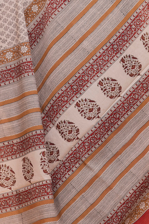 TICH Summer Classics. Bagru Block Printed Mulmul Cotton Saree - Beige & Black Florets