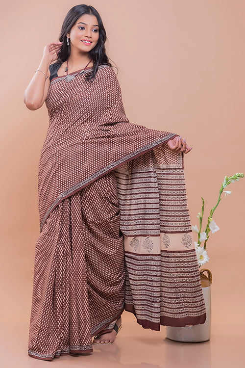 TICH Summer Classics. Bagru Block Printed Mulmul Cotton Saree - Brown Buds