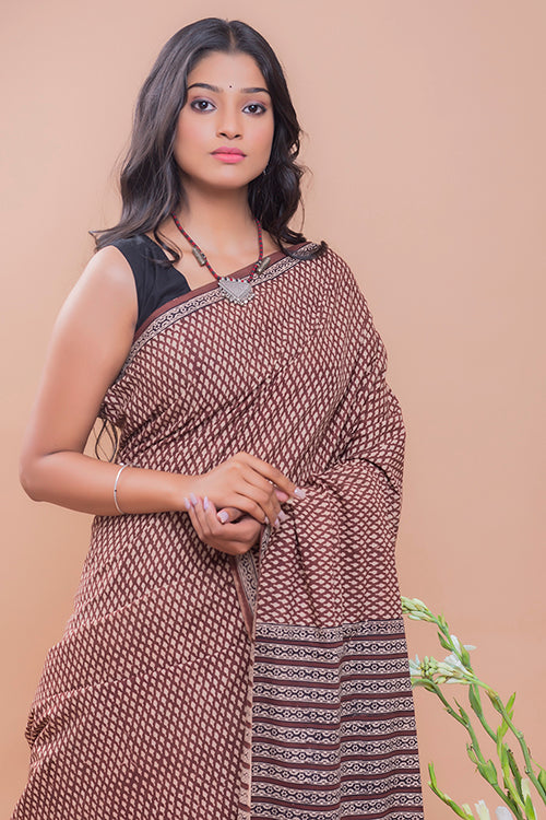TICH Summer Classics. Bagru Block Printed Mulmul Cotton Saree - Brown Buds