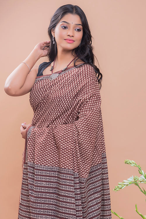 TICH Summer Classics. Bagru Block Printed Mulmul Cotton Saree - Brown Buds
